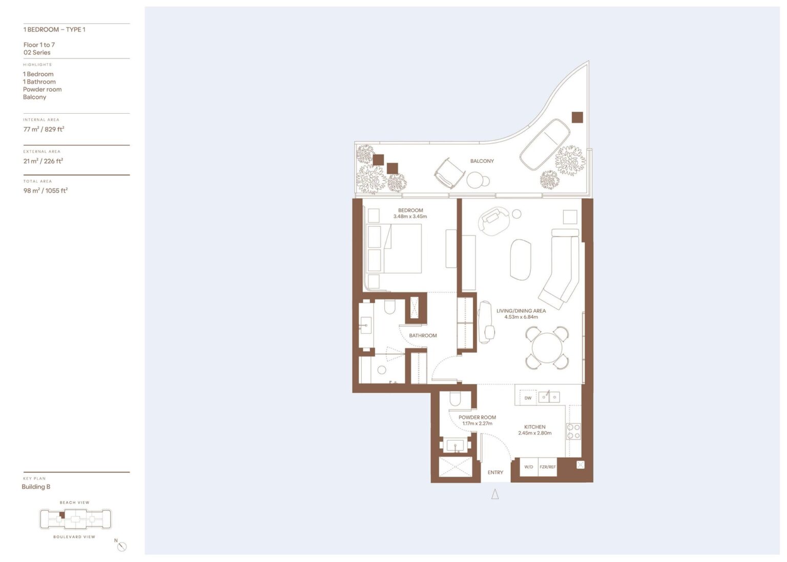 Dubai Harbour Residences 1 bedroom apartment floor plan, Dubai Harbour