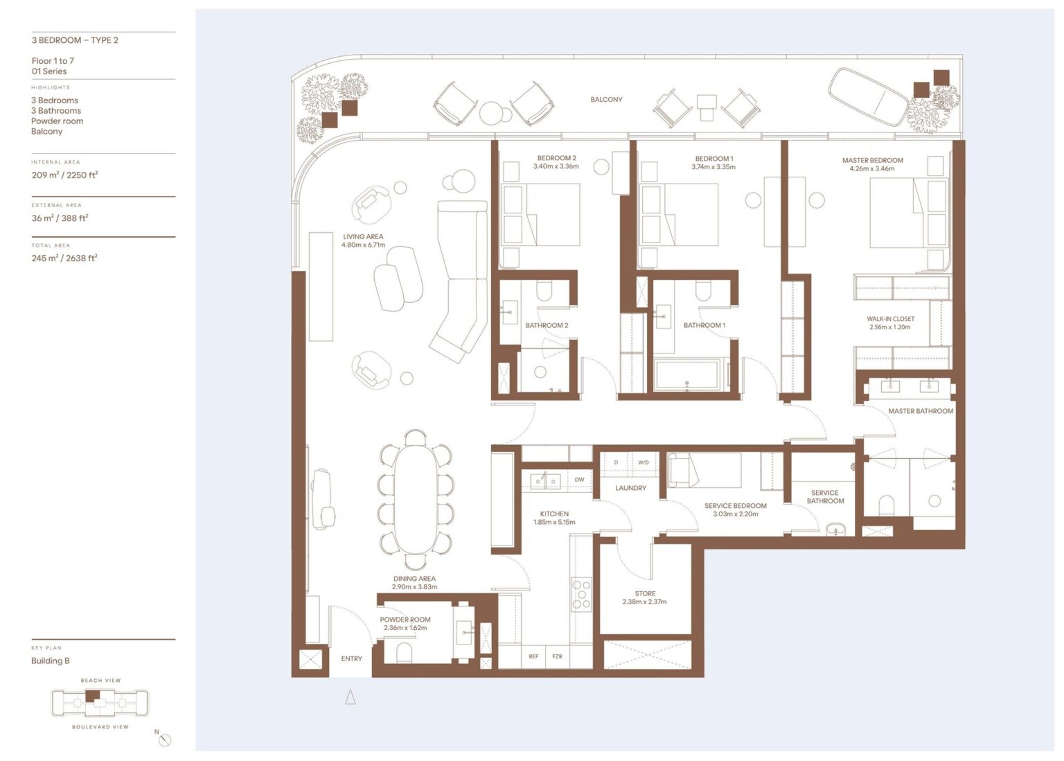 Dubai Harbour Residences 3 bedroom apartment floor plan, Dubai Harbour