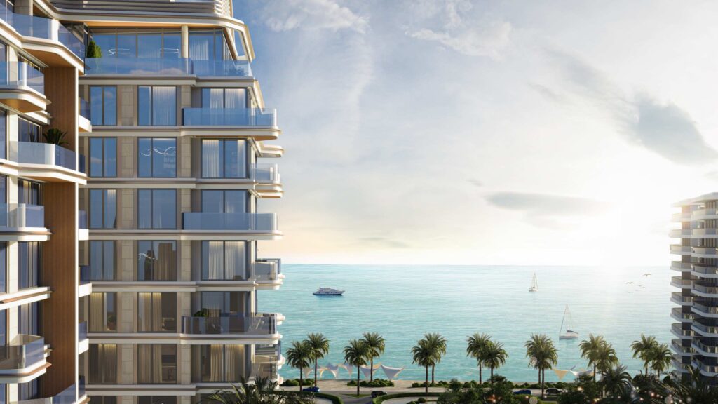 Edgewater Residences tower with curved balconies facing the sea, Dubai Islands
