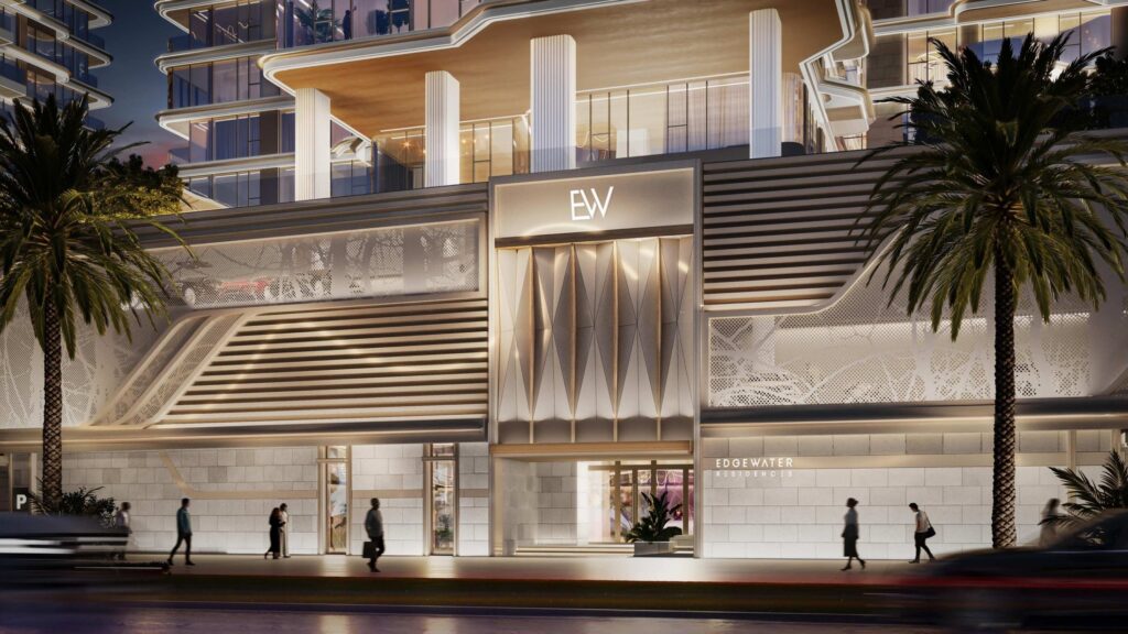Grand entrance with palm trees at Edgewater Residences, Dubai Islands