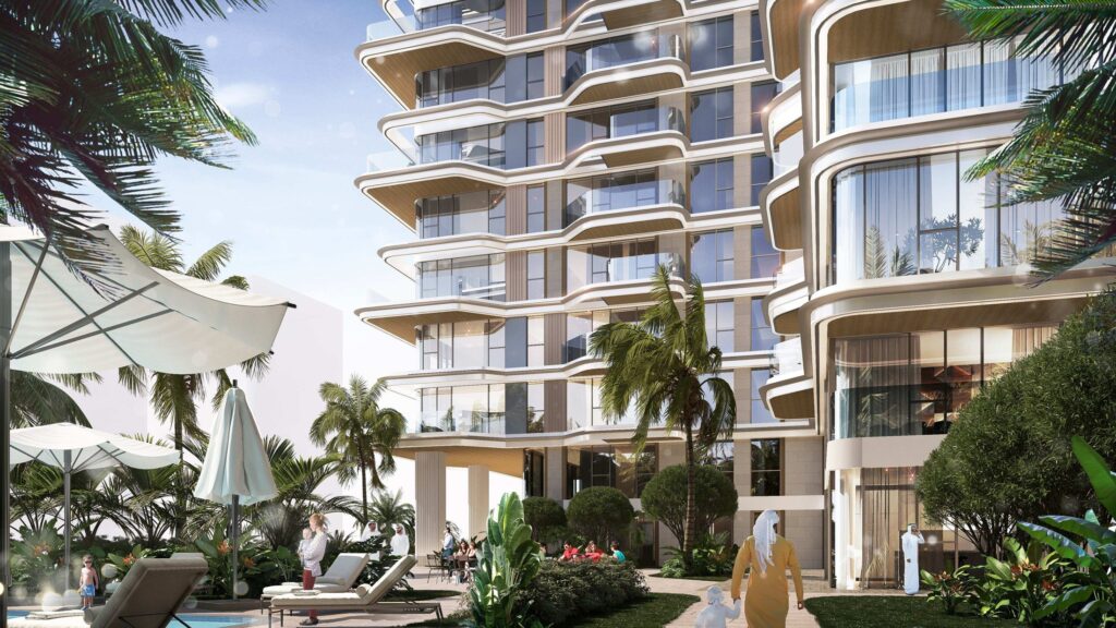 Edgewater Residences balconies framed by tropical gardens, Dubai Islands