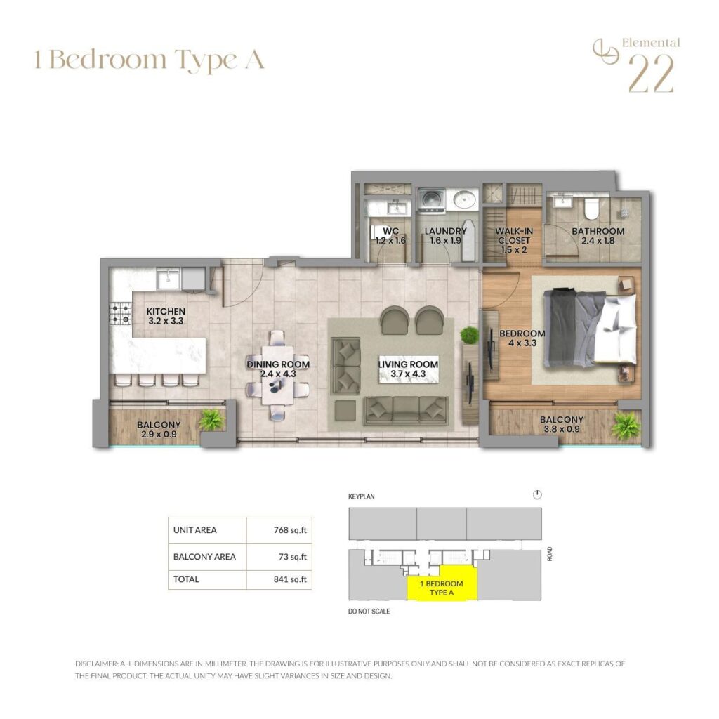Elemental 22 1 bedroom apartment floor plan, layout 1 of 2, Al Wasl, Dubai