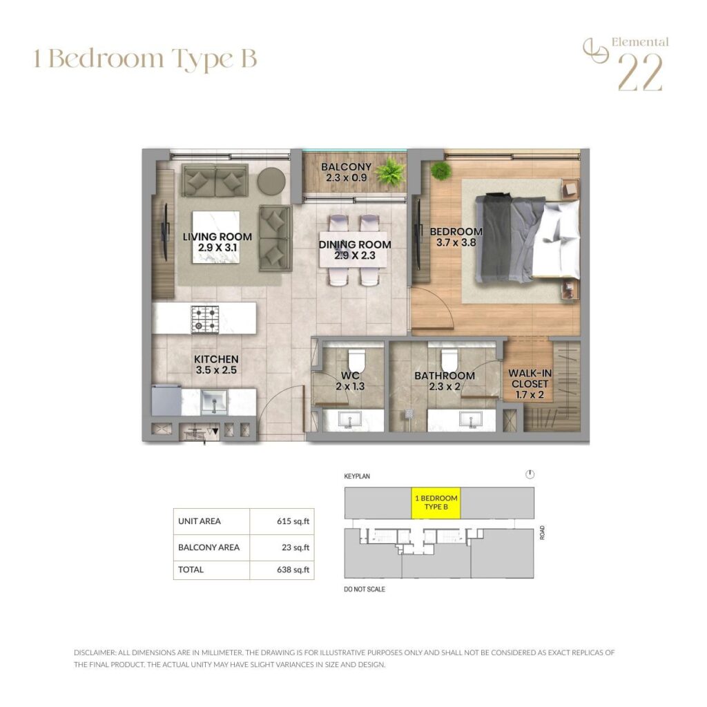 Elemental 22 1 bedroom apartment floor plan, layout 2 of 2, Al Wasl, Dubai