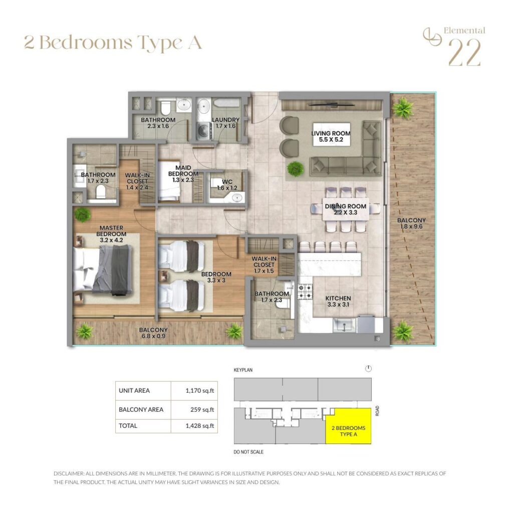 Elemental 22 2 bedroom apartment floor plan, layout 1 of 4, Al Wasl, Dubai