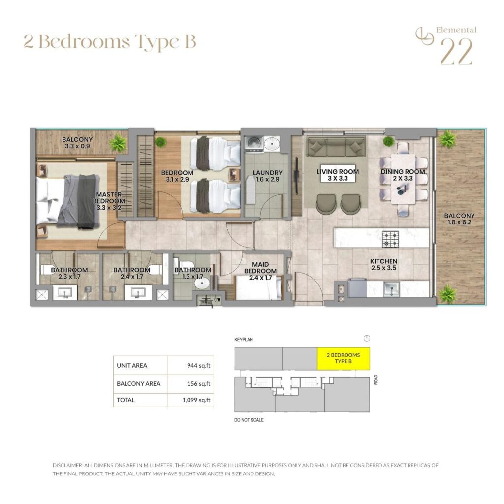 Elemental 22 2 bedroom apartment floor plan, layout 2 of 4, Al Wasl, Dubai