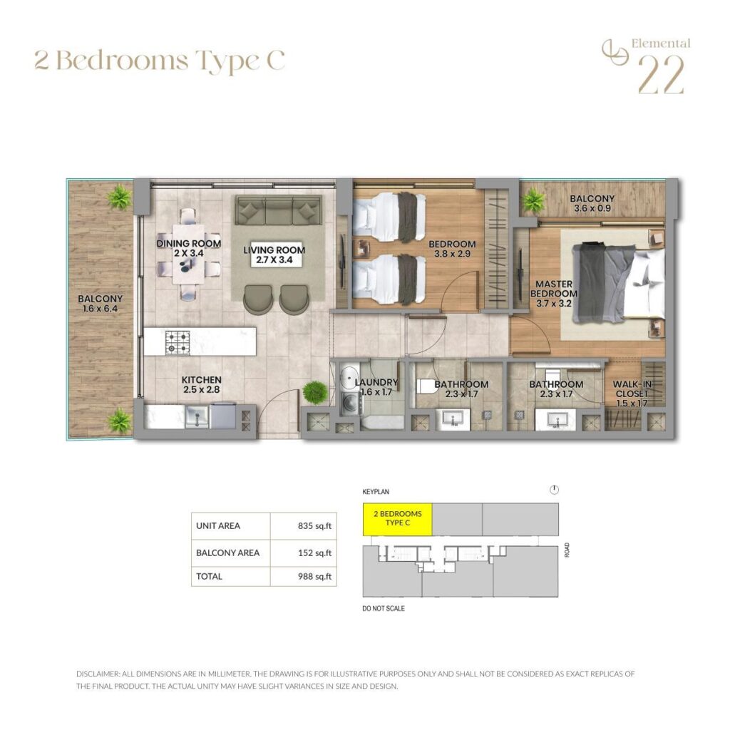 Elemental 22 2 bedroom apartment floor plan, layout 3 of 4, Al Wasl, Dubai