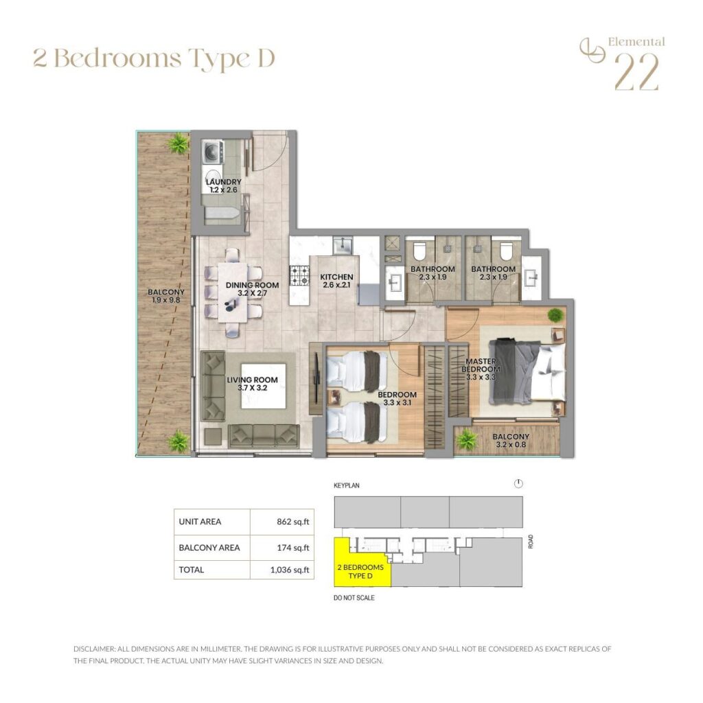 Elemental 22 2 bedroom apartment floor plan, layout 4 of 4, Al Wasl, Dubai