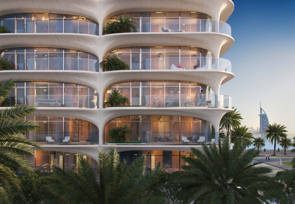 Front facade of Ellington Ocean House with arched balconies and gardens, Palm Jumeirah