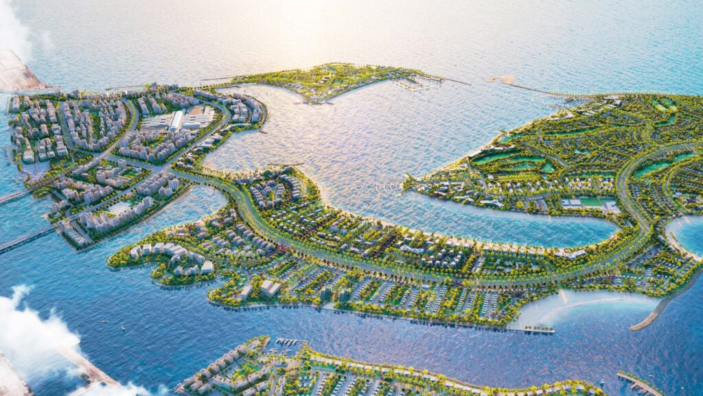 Aerial view of the Dubai Islands archipelago where Flora Shore is located