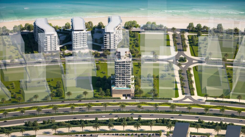 Aerial view of Flora Shore beside the coastal road and beach, Dubai Islands