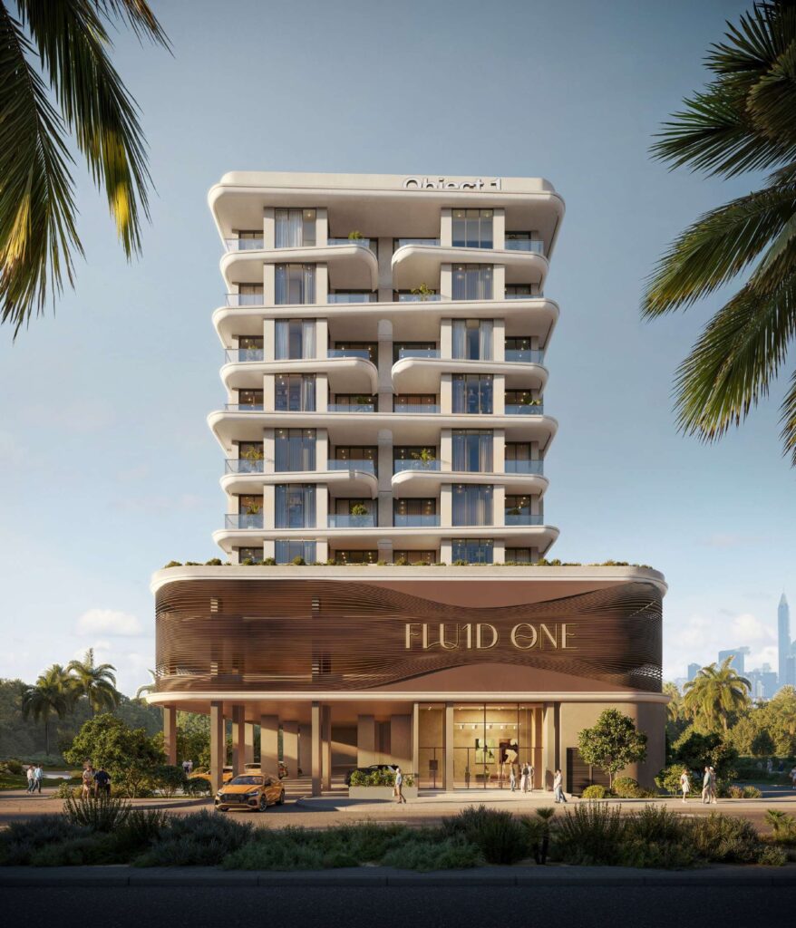 Fluid One building framed by palm leaves, Dubai Islands