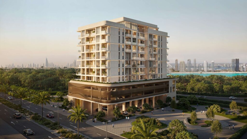 Fluid One residences above landscaped grounds at sunset, Dubai Islands