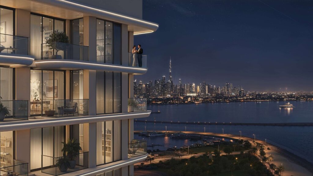 Balconies of Fluid One overlooking the lit skyline at night, Dubai Islands