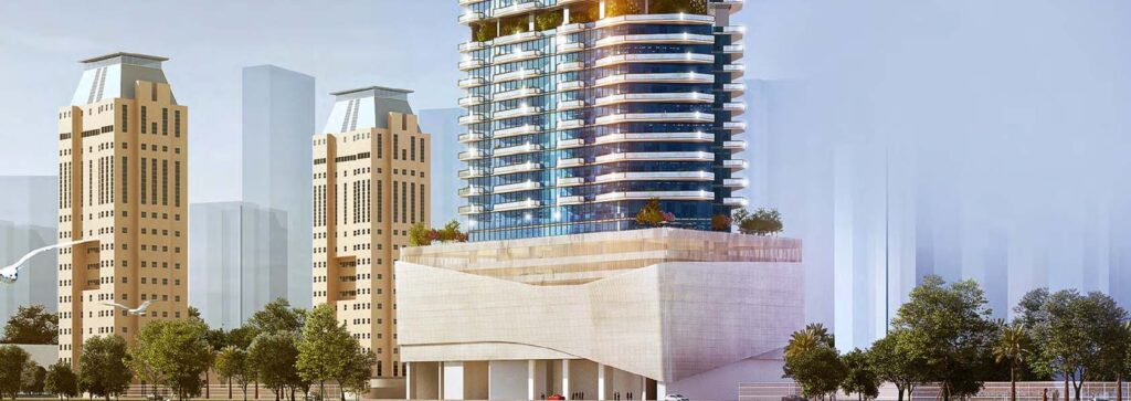 Habtoor Grand Residences towers seen from the beach promenade, Dubai Marina