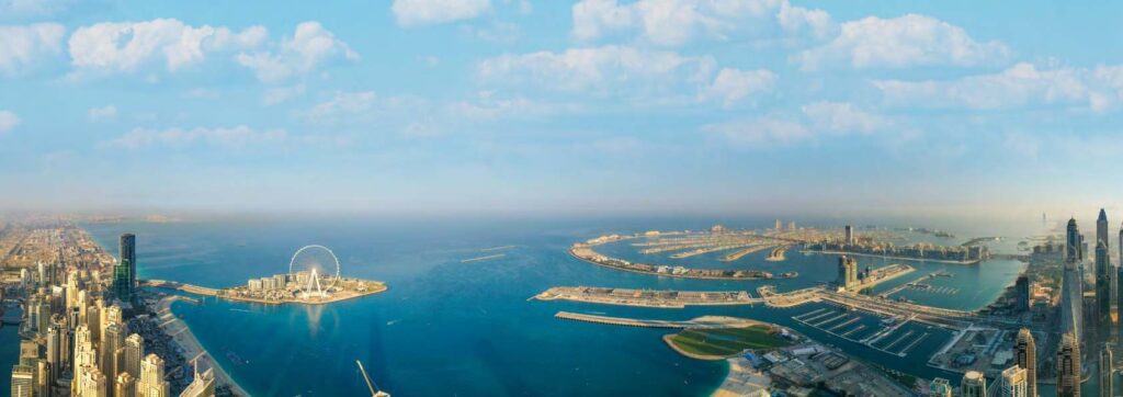 Aerial view of Palm Jumeirah and the coast from Habtoor Grand Residences, Dubai Marina