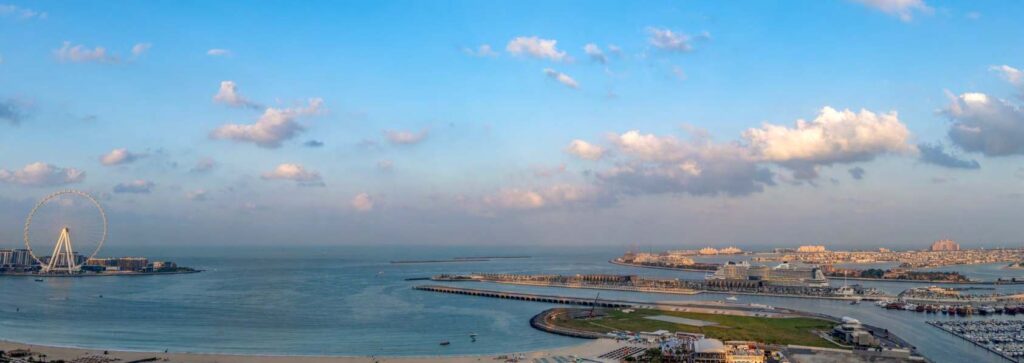 Panoramic sea view toward Palm Jumeirah from Habtoor Grand Residences, Dubai Marina