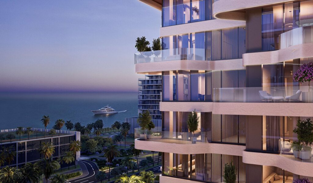 Sea view balconies of Helvetia Marine at dusk, Dubai Islands
