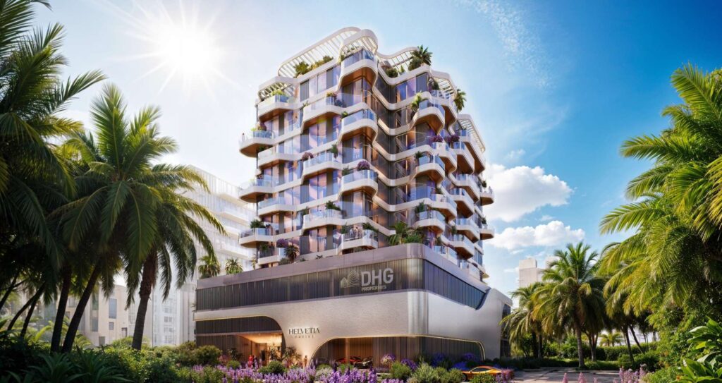 Helvetia Marine with wave shaped balconies framed by palms, Dubai Islands