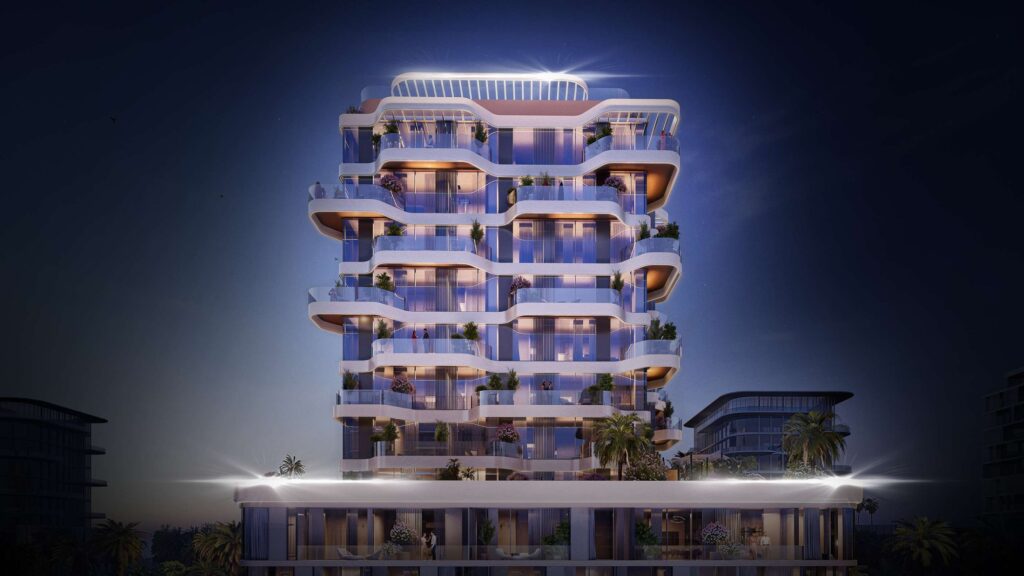 Helvetia Marine lit at night against a dark sky, Dubai Islands