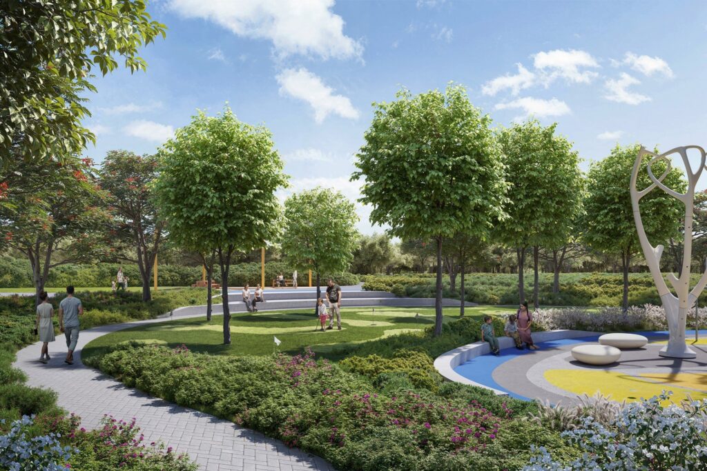 Landscaped park with walking paths at Hillsedge, Dubai Hills Estate