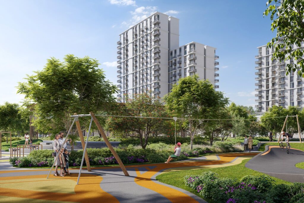 Hillsedge residential towers beyond a park playground, Dubai Hills Estate