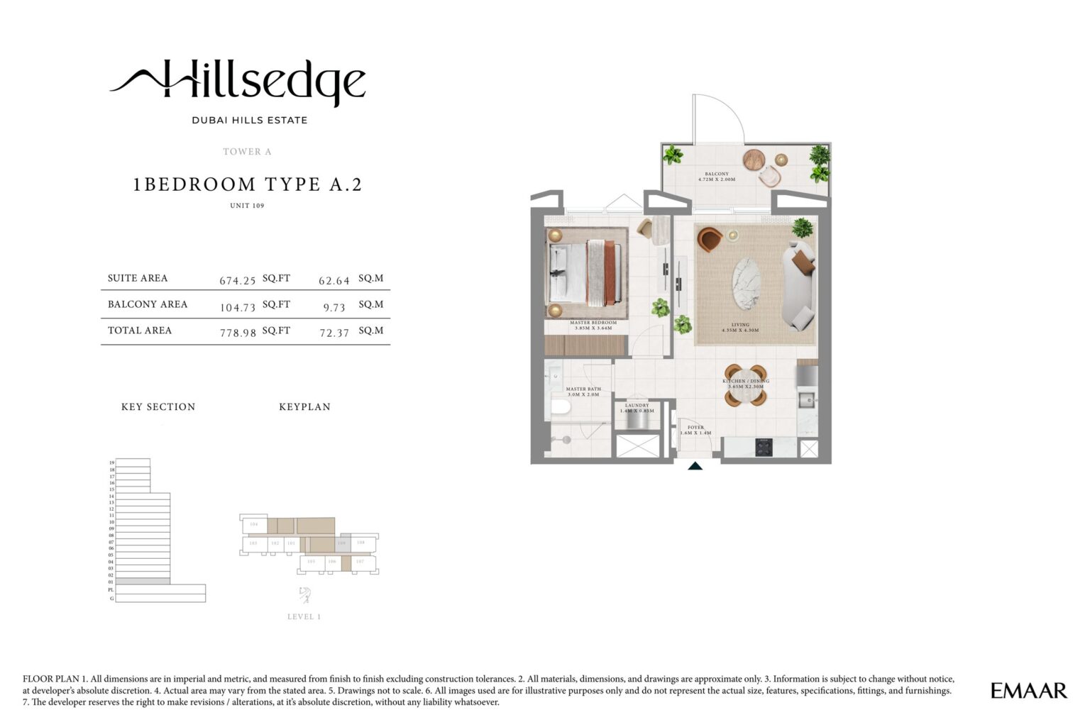 Hillsedge 1 bedroom apartment floor plan, layout 4 of 5, unit 109, Dubai Hills Estate