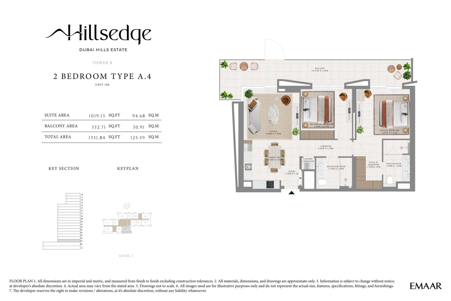 Hillsedge 2 bedroom apartment floor plan, layout 12 of 15, unit 108, Dubai Hills Estate