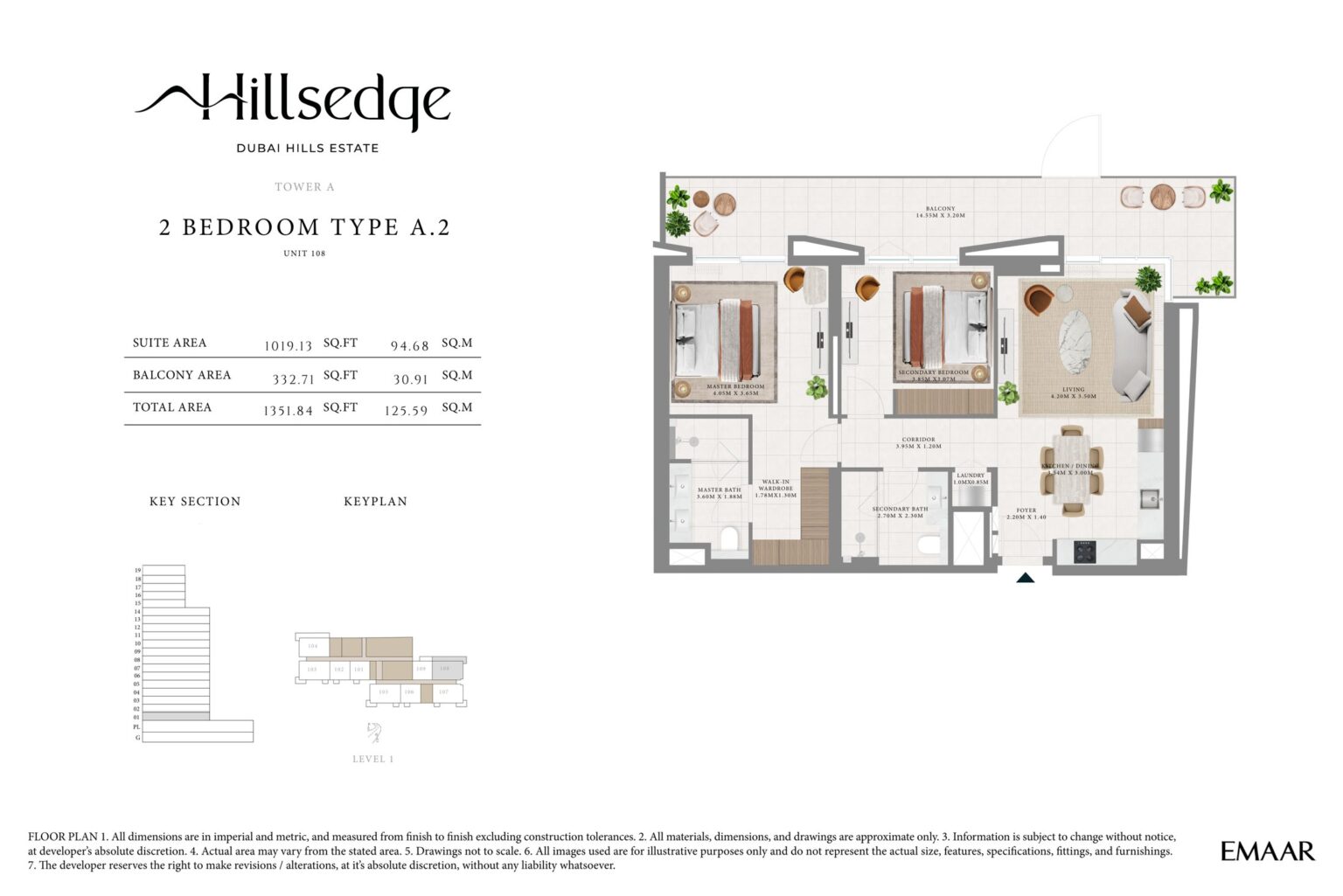 Hillsedge 2 bedroom apartment floor plan, layout 11 of 15, unit 108, Dubai Hills Estate