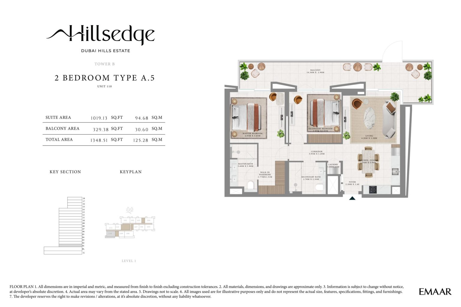 Hillsedge 2 bedroom apartment floor plan, layout 13 of 15, unit 110, Dubai Hills Estate