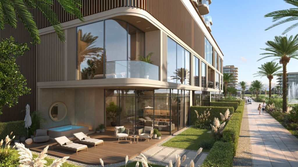 Garden level terraces and palm lined walkway at House of Well, Dubai Islands