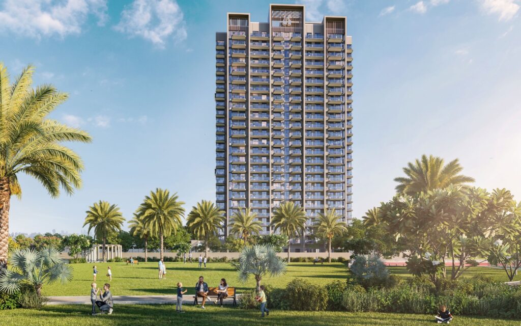 Hyde Residences tower beyond palm lined lawns, Dubai Hills Estate