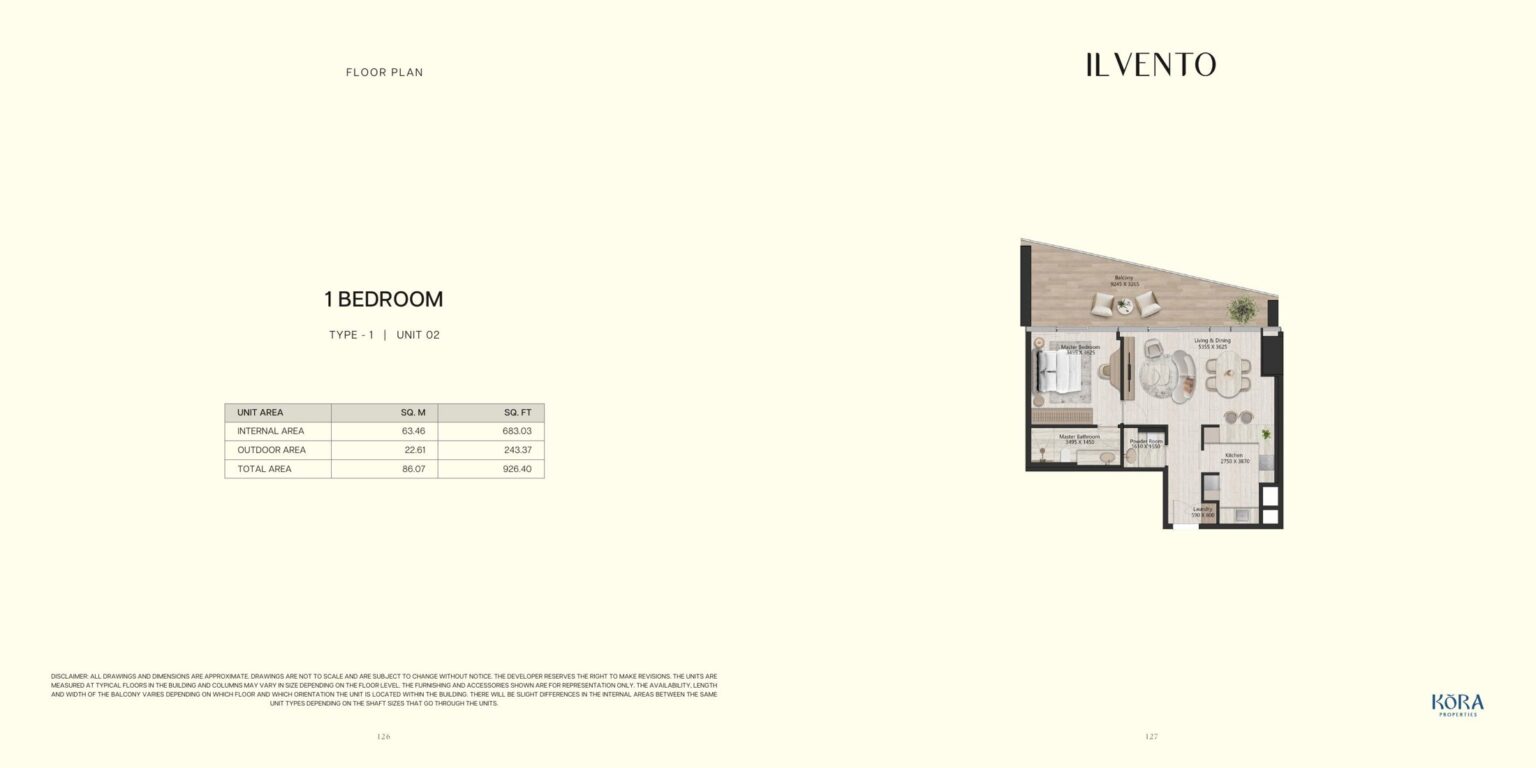 Il Vento 1 bedroom type 1 floor plan, Dubai Maritime City