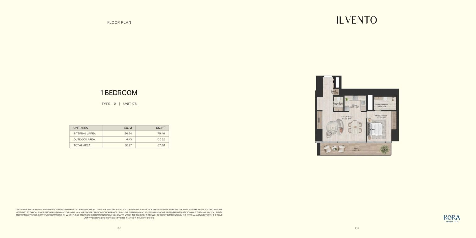 Il Vento 1 bedroom type 2 floor plan, Dubai Maritime City