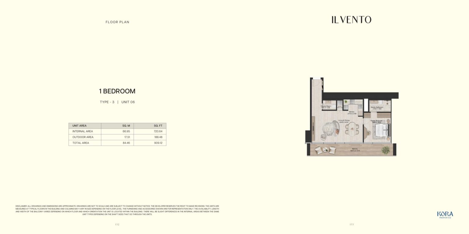 Il Vento 1 bedroom type 3 floor plan, Dubai Maritime City