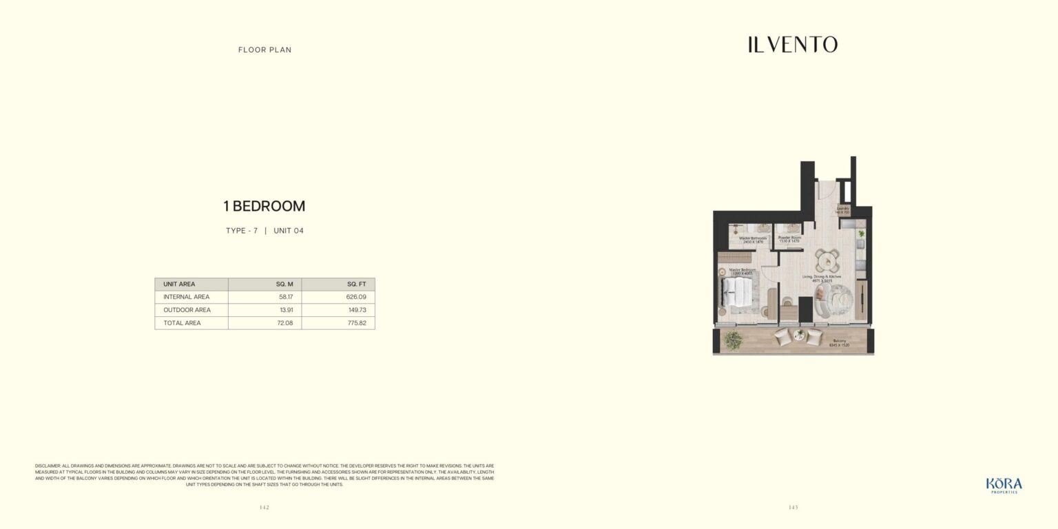 Il Vento 1 bedroom type 7 floor plan, Dubai Maritime City