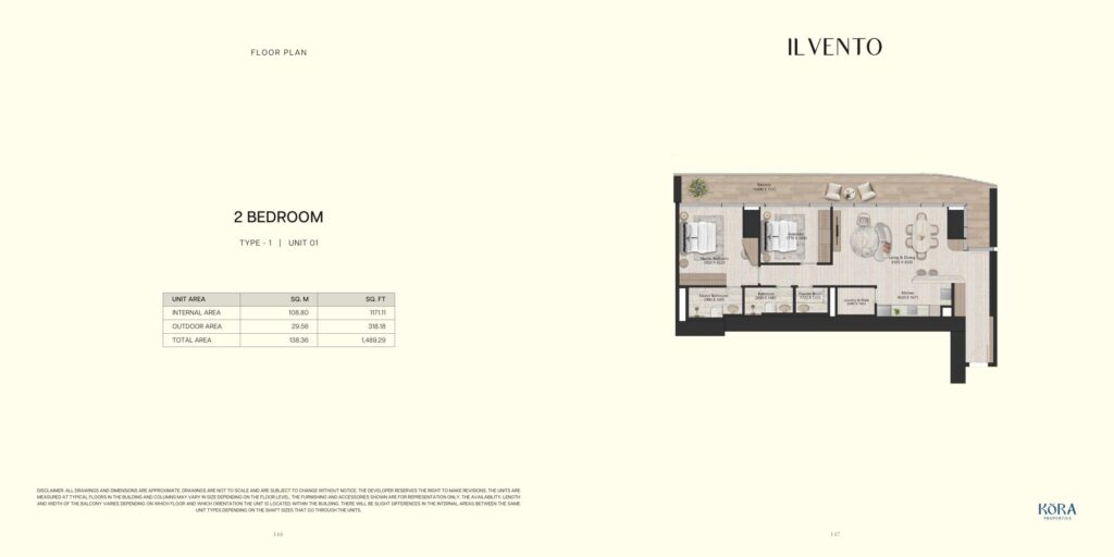 Il Vento 2 bedroom type 1 floor plan, Dubai Maritime City