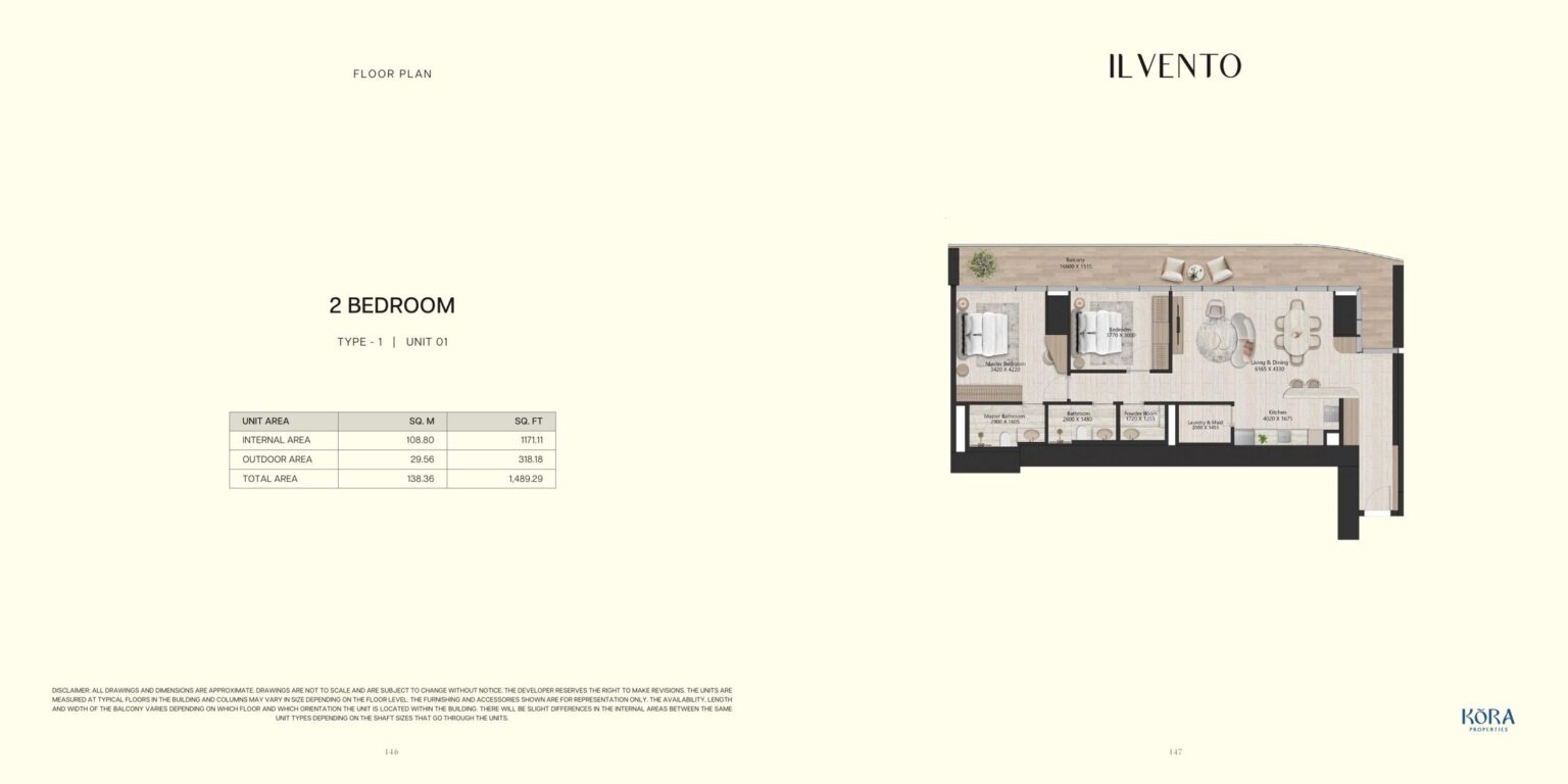 Il Vento 2 bedroom type 1 floor plan, Dubai Maritime City