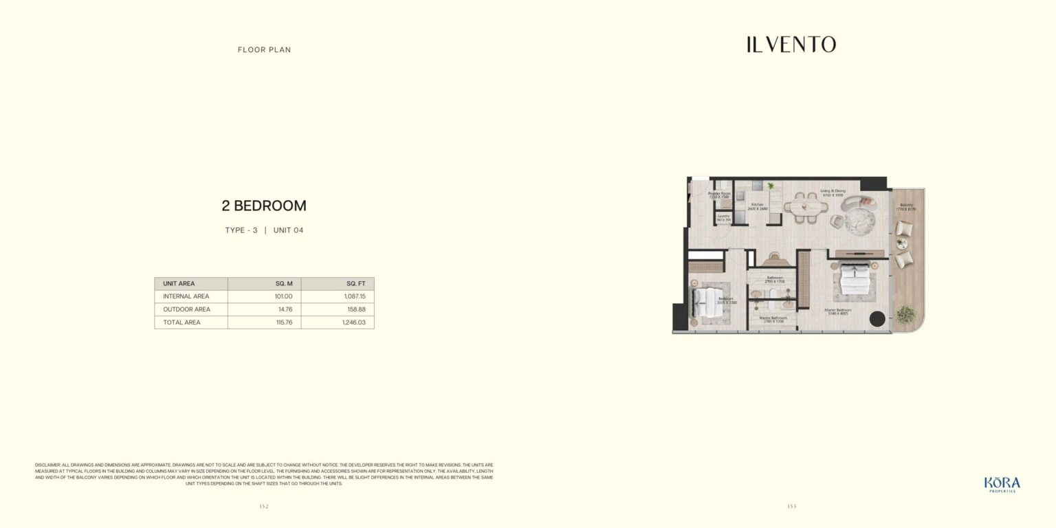 Il Vento 2 bedroom type 3 floor plan, Dubai Maritime City