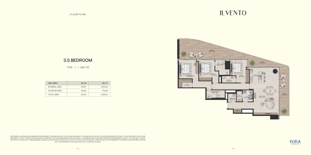 Il Vento 3 bedroom with study type 1 floor plan, Dubai Maritime City