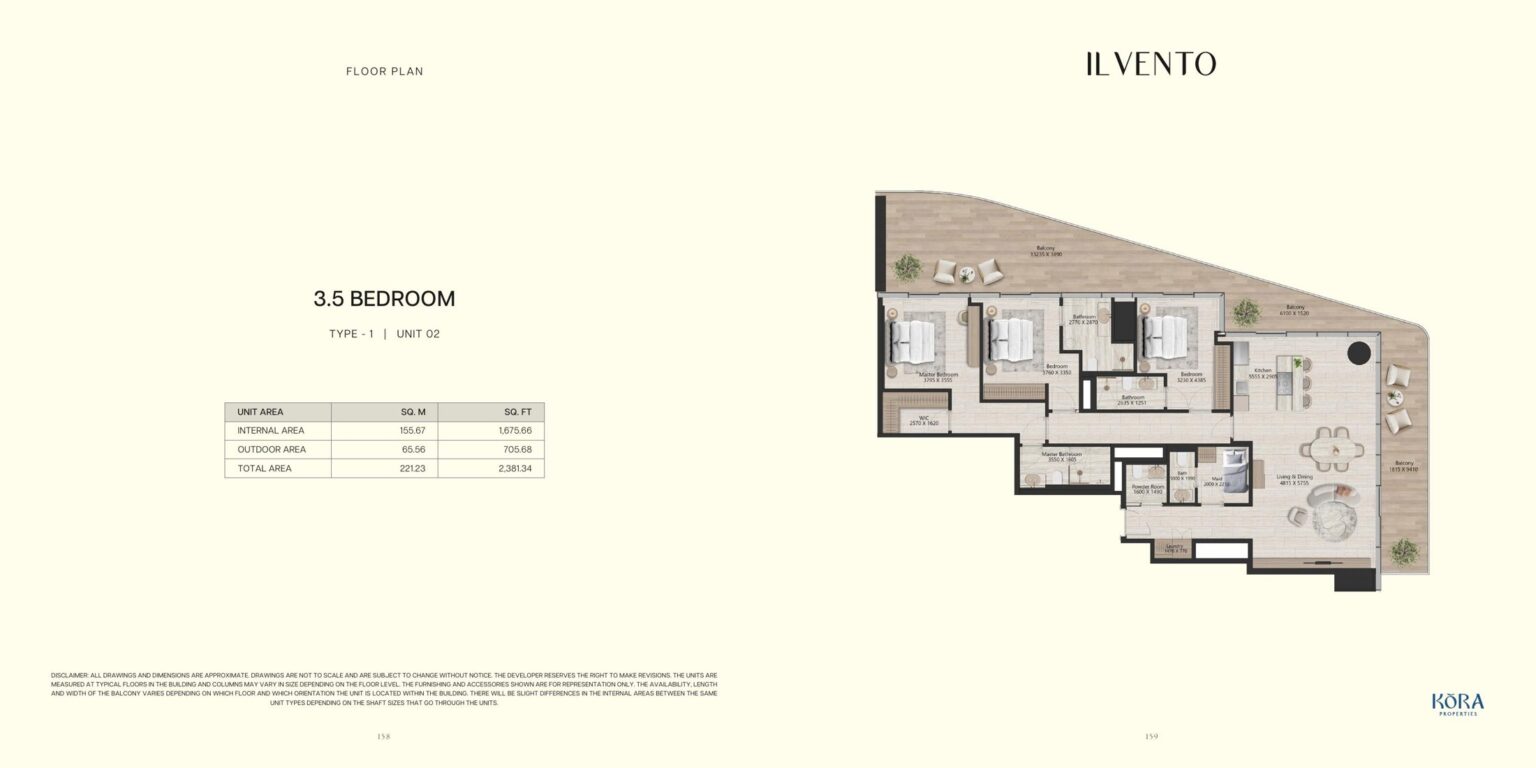 Il Vento 3 bedroom with study type 1 floor plan, Dubai Maritime City