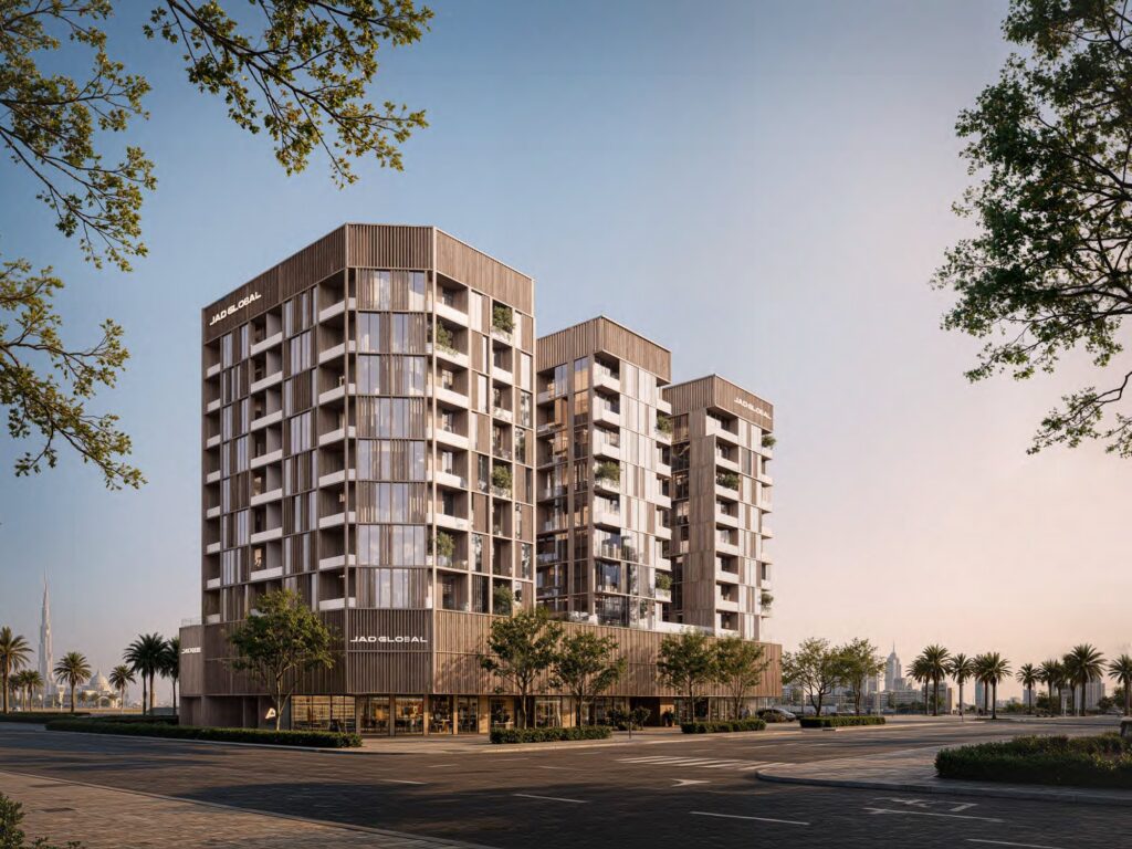 JAD 288 residential buildings at dusk with tree lined street, Al Wasl, Dubai