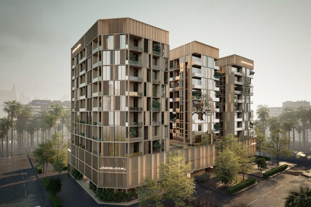 JAD 288 buildings with timber screens and gardens, Al Wasl, Dubai