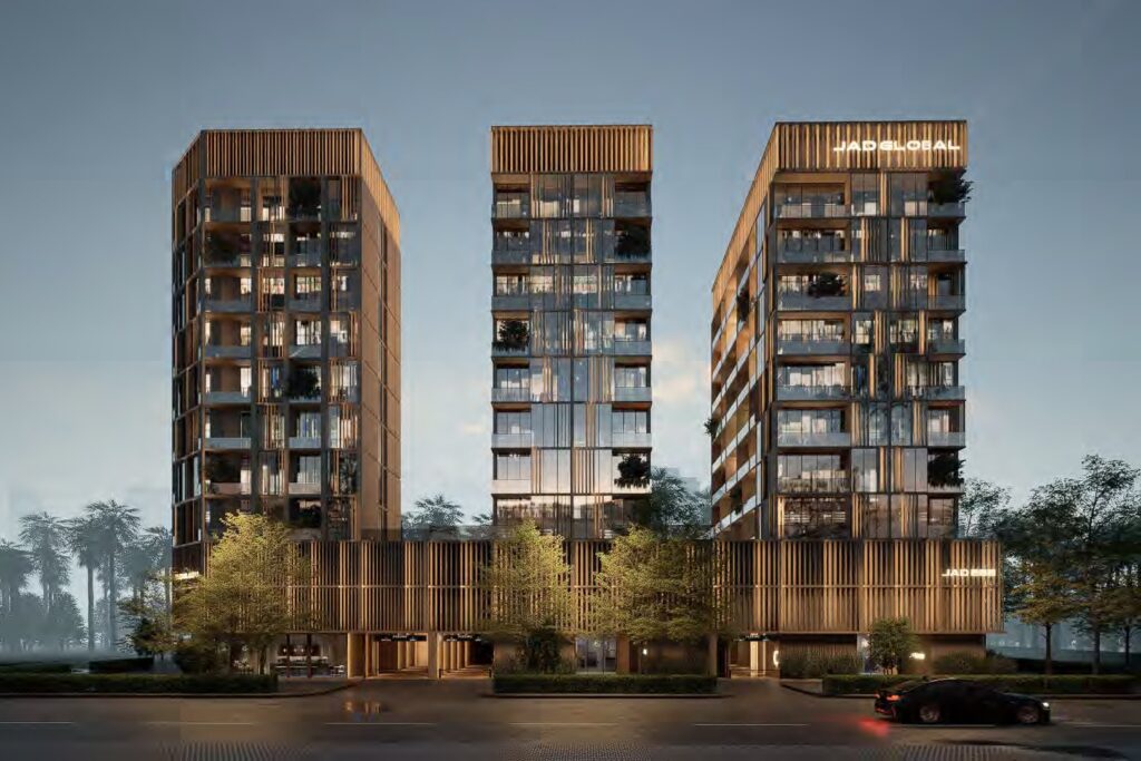 Three JAD 288 towers lit at twilight, Al Wasl, Dubai