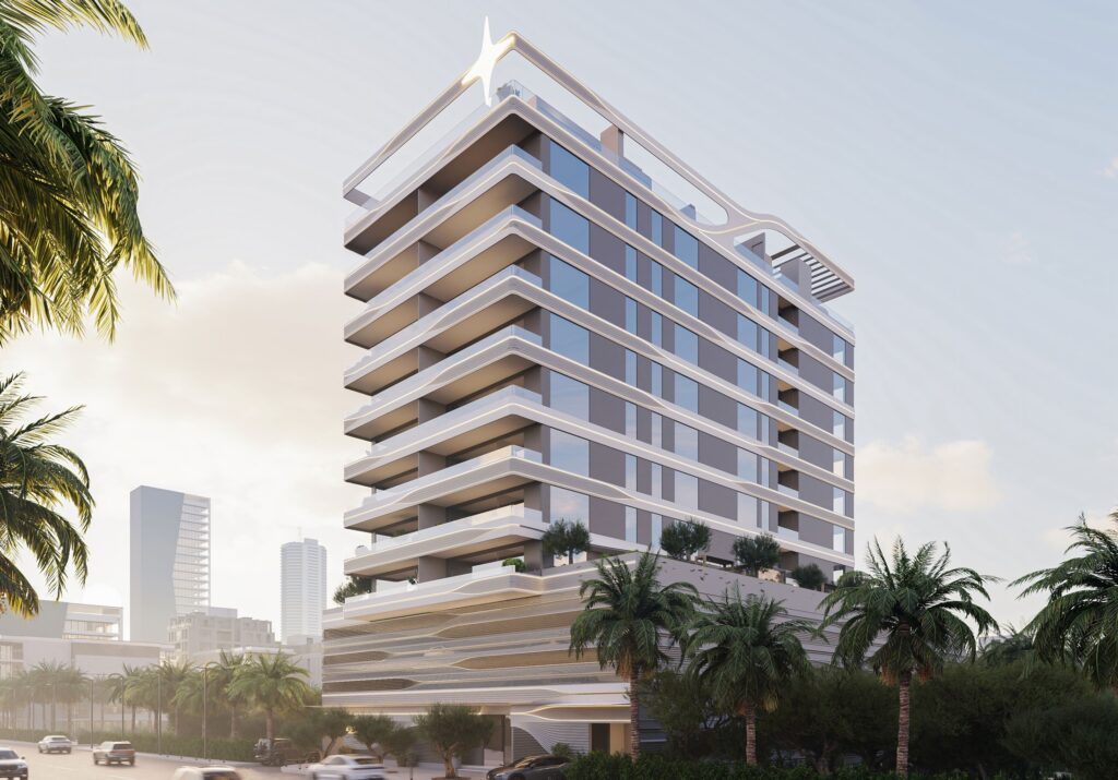 Jardin Astral residential building with curved balconies and palms, Al Wasl, Dubai