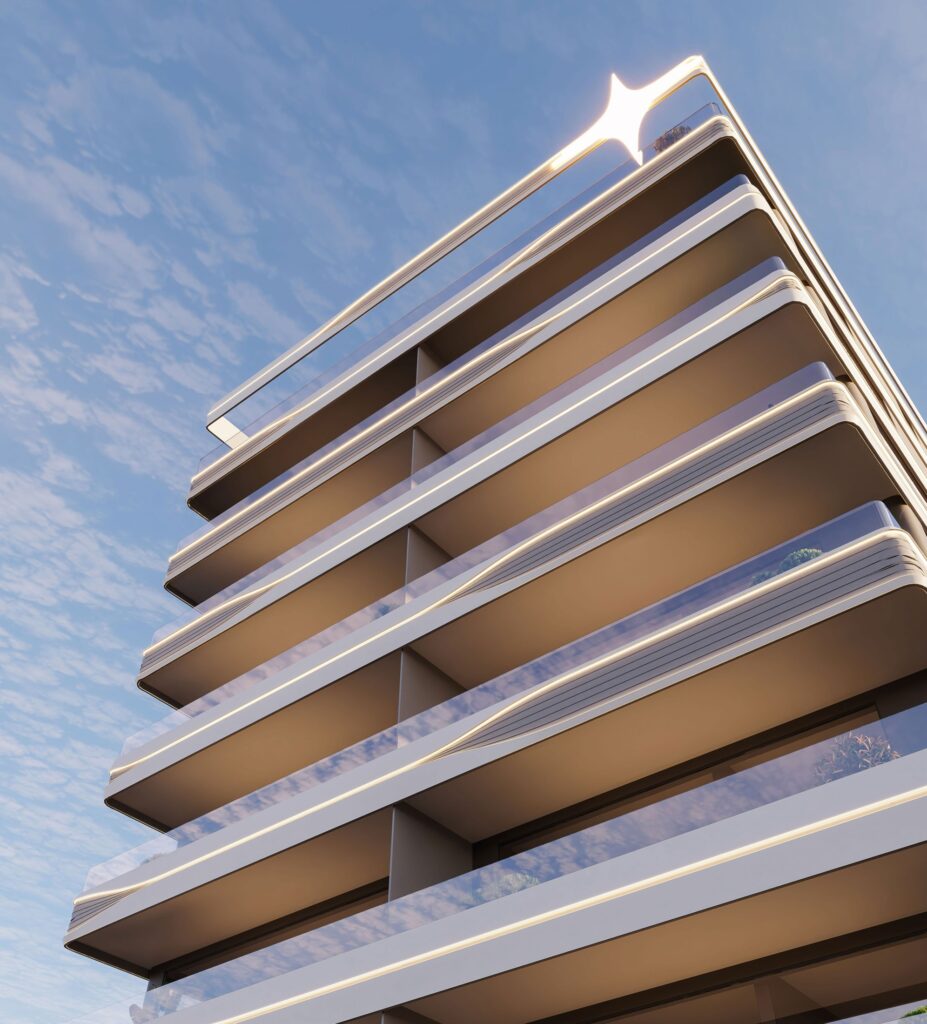 Close view of the layered balconies of Jardin Astral, Al Wasl, Dubai