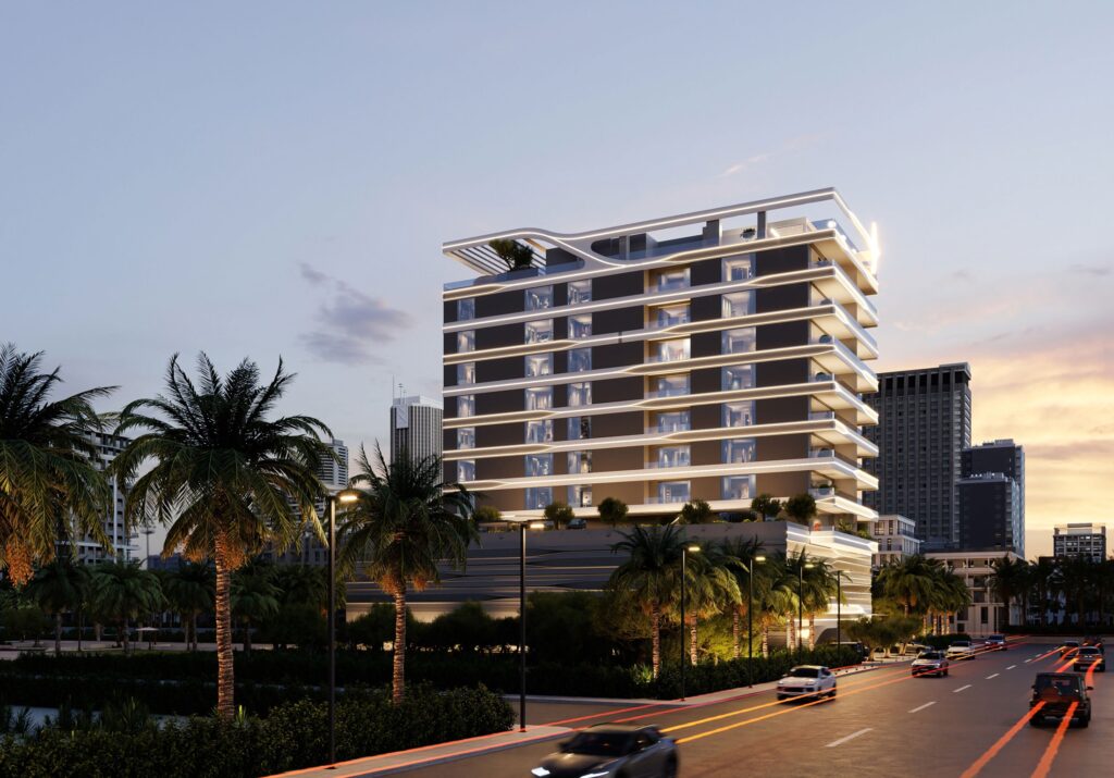 Jardin Astral building at dusk from the street, Al Wasl, Dubai