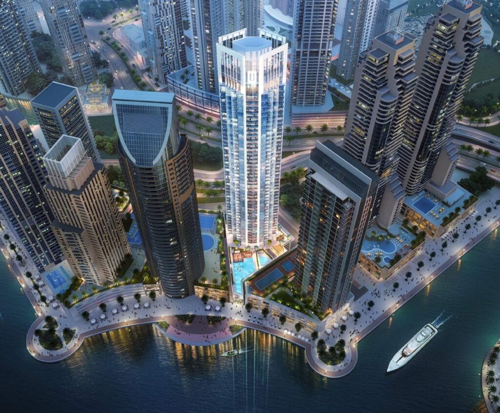 Aerial view of LIV Marina among Marina towers, Dubai Marina