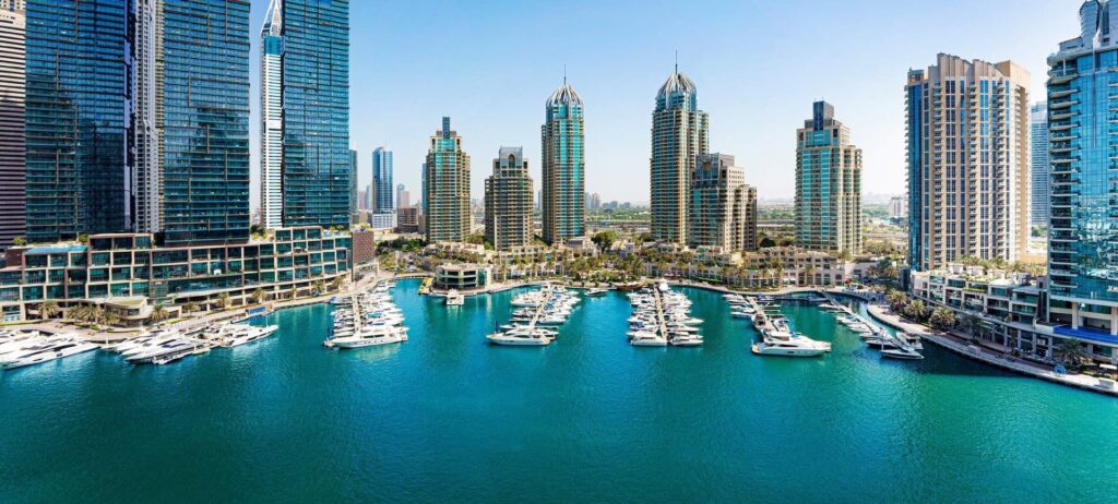 Panoramic view of the marina and towers around LIV Marina