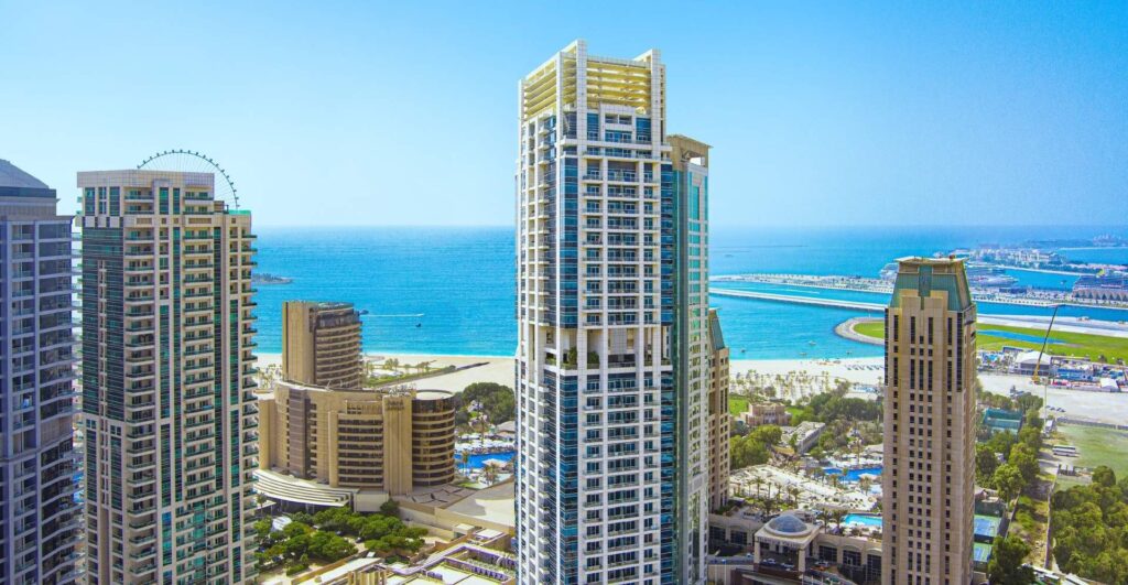 Marina towers with the sea beyond near LIV Marina, Dubai Marina