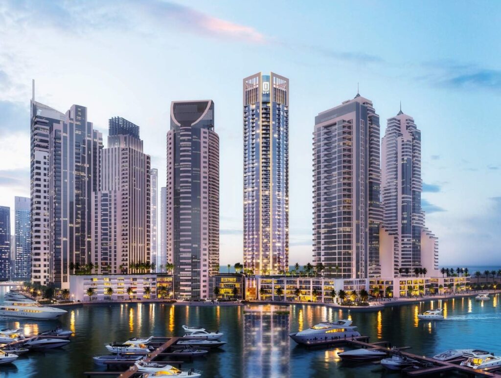Marina skyline and water by day near LIV Marina, Dubai Marina